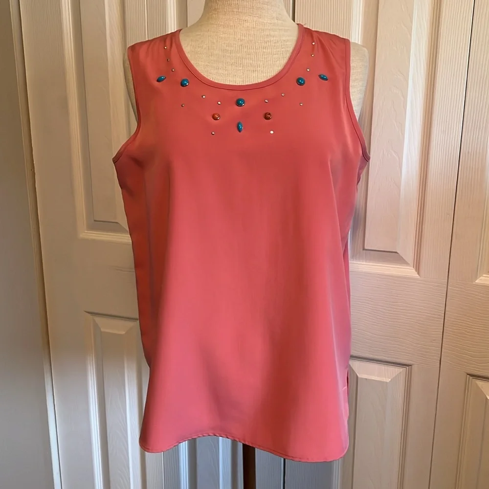 Maggie Sweet 3 Piece Coral Vintage Pantsuit Tunic Top with Jacket Size Medium